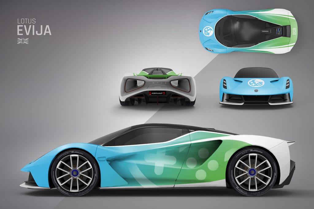 Video games for climate action: winning solutions for the planet 7 The racing electric car Lotus Evija as it appears in the green activation of videogame Asphalt 9.