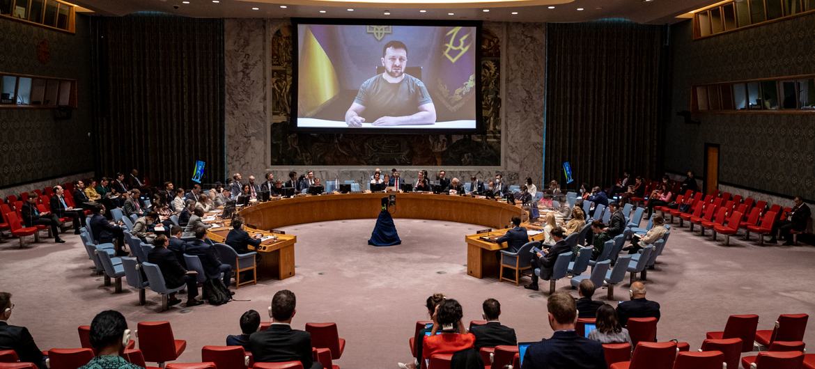 Volodymyr Zelenskyy (on screen), President of Ukraine, addresses the Security Council meeting on maintenance of peace and security of Ukraine.