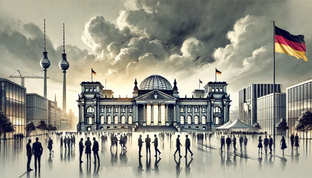 Dall·e 2024 12 13 17.34.29 An Artistic Illustration Of Berlin With The Reichstag Building Prominently Featured Under A Dramatic Cloudy Sky, Symbolizing A Pivotal Moment In Germa