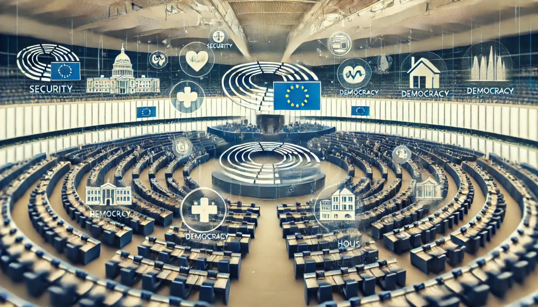 Dall·e 2024 12 14 11.59.03 An Artistic Representation Of The European Parliament In Session With A Focus On Collaboration And Progress. The Image Highlights Key Themes Like Secu