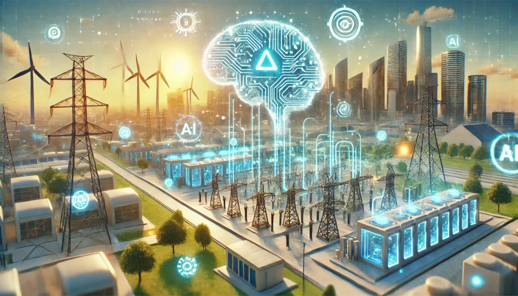 Dall·e 2024 12 17 15.32.54 An Illustration For A News Article About Surging Patents In Electricity Grids And Artificial Intelligence Solutions. The Scene Features A Futuristic C