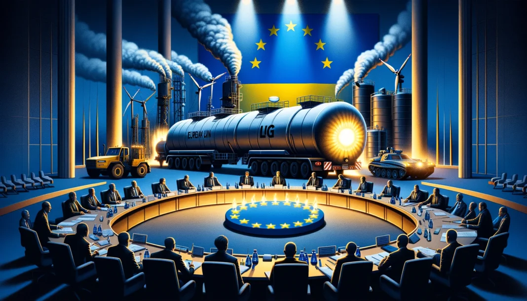 Dall·e 2024 12 17 15.38.25 An Illustration For A News Article Criticizing The European Union's Sanctions On Russian Fossil Fuels. The Image Shows A Symbolic European Union Meeti